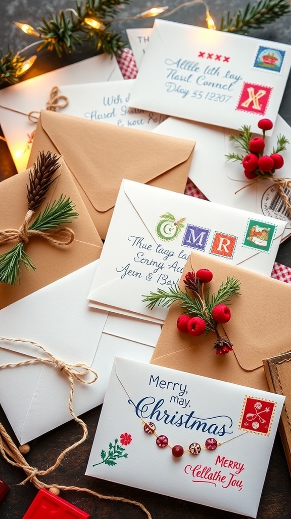 Decorated Christmas card envelopes with washi tape, hand-lettered addresses, and festive stamps in a holiday setting.